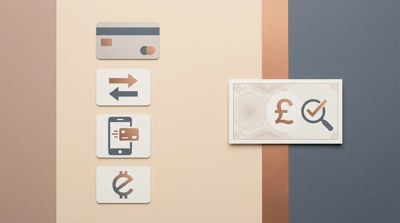 Payment-method checklist with GBP note and abstract banking symbols